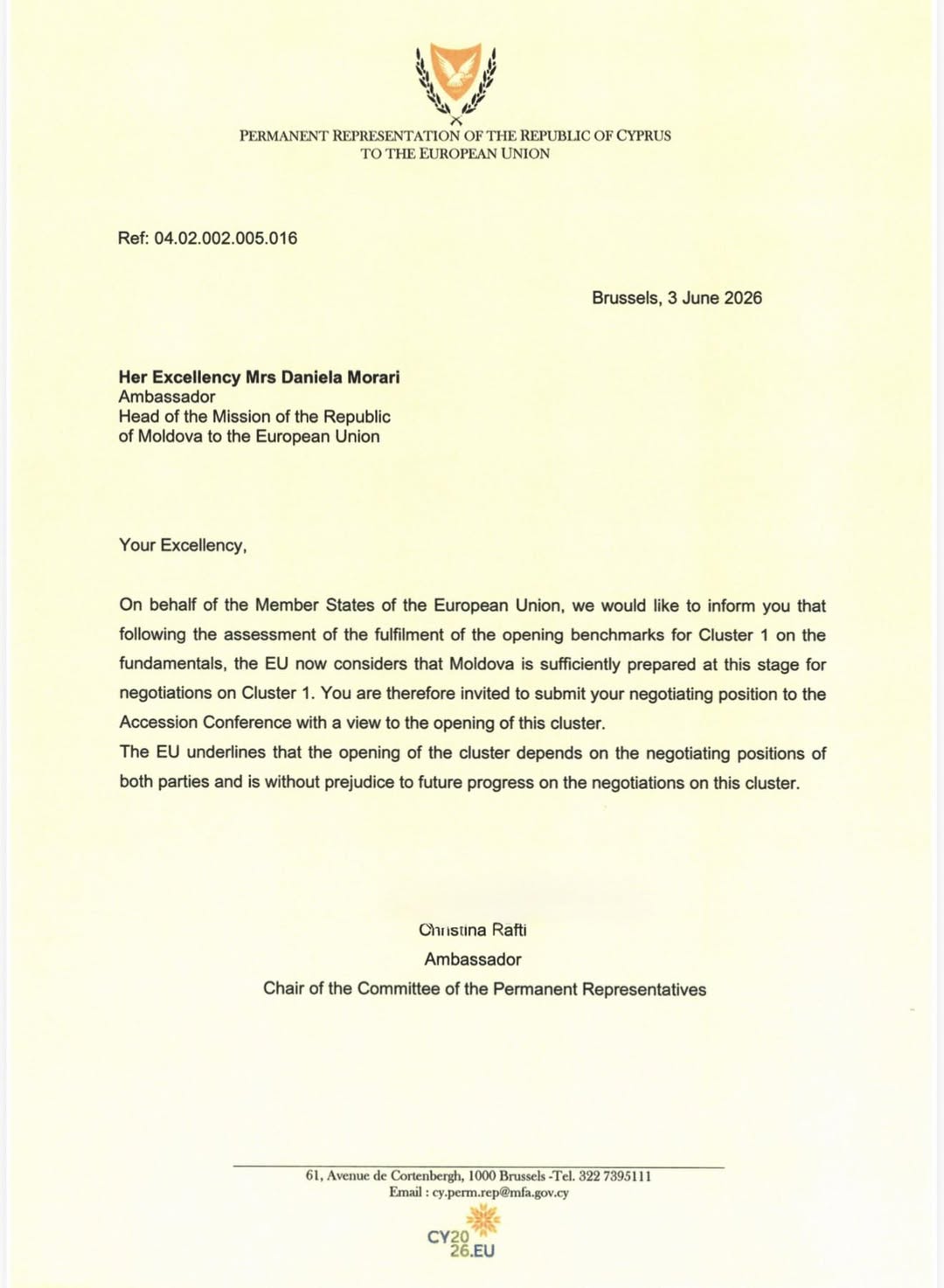 Astăzi au fost făcuți noi pași importanți, sub Președinția cipriotă a Consiliului UE, pentru avansarea formală a procesului de aderare a Republicii Moldova la Uniunea Europeană.
Este un semnal import…