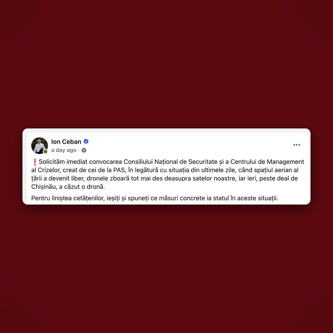 Deputatul PAS, Adrian Baluțel: „Pe CEBAN îl deranjează PAS şi Consiliul Național de Securitate. Nu îl deranjează PUTIN şi Federația Rusă care lansează drone. 

Această postare a lui Ceban denotă clar …